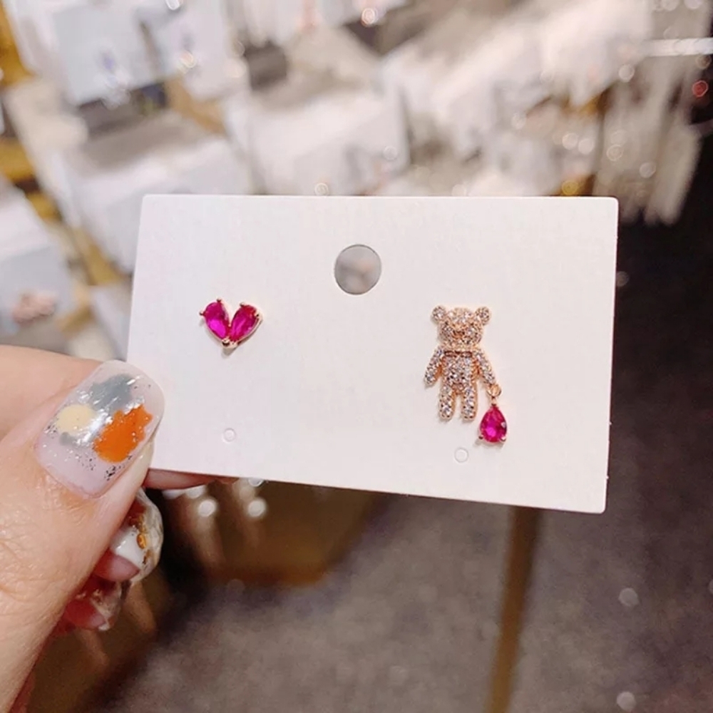 Cute Bear Stud Crystal Heart Earrings